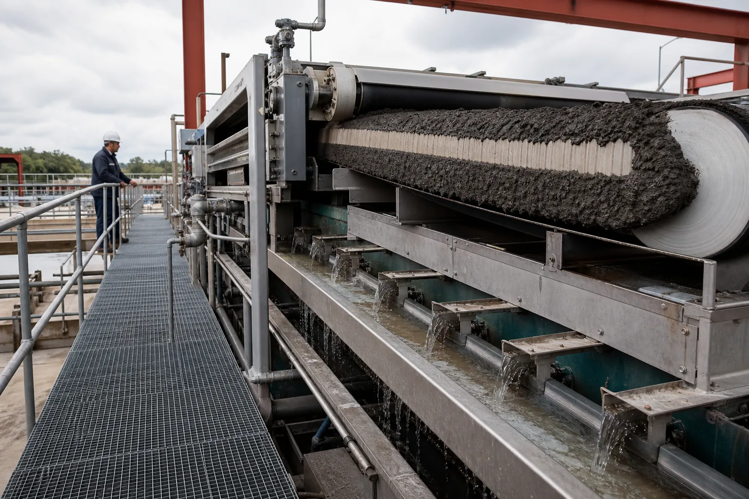 Belt filter press receiving conditioned sludge from a cationic polymer emulsion dosing line
